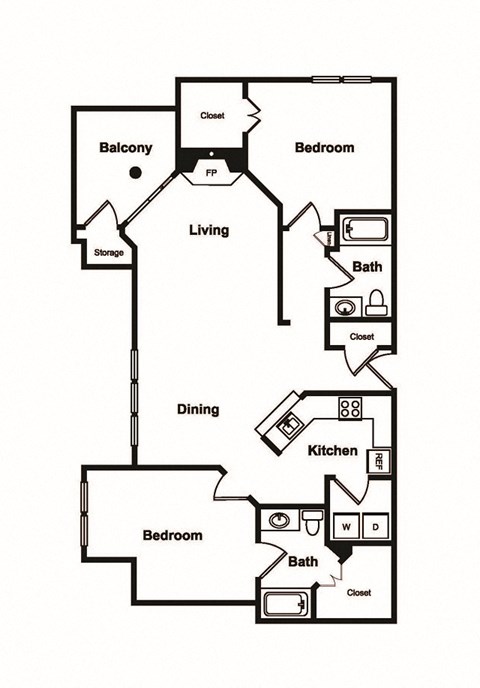 Floor plan for 2 beds, 2 baths, 1222 sqft